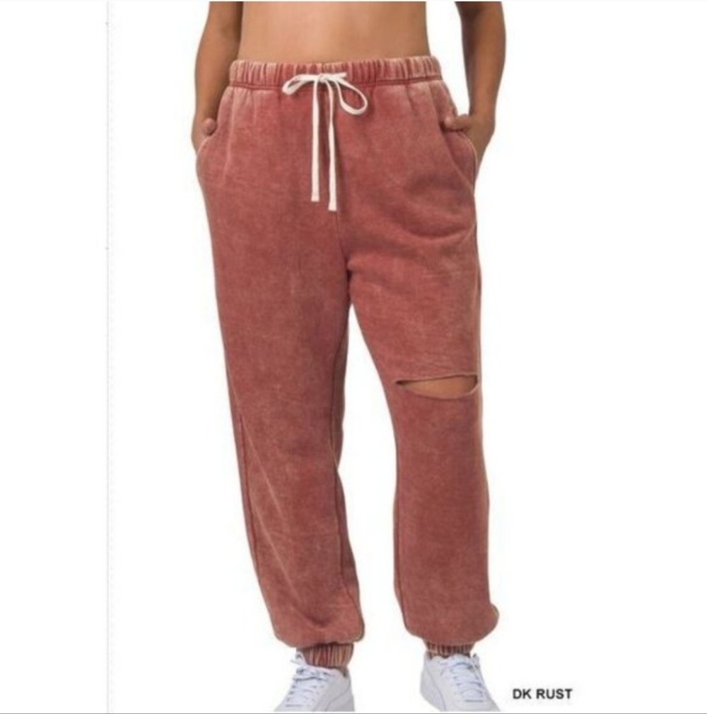 Zenana Acid Wash Laser Cut Sweatpants Joggers Dark Rust Size 3X